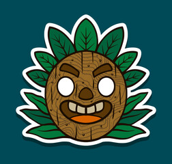 Tiki mask with layered leaf crown and wide smile Sticker Illustration
