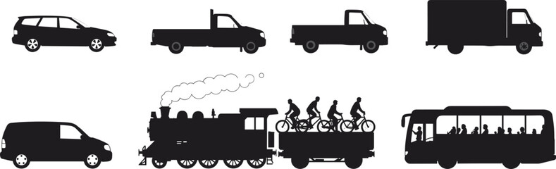 Transportation silhouettes with cars, trucks, bus, minivan, steam locomotive, cyclists, delivery vehicle, black outline, urban mobility, isolated white background illustration