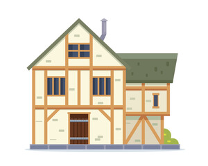 Medieval Timber Frame House with Green Roof and Stone Foundation on Transparent Background Illustration