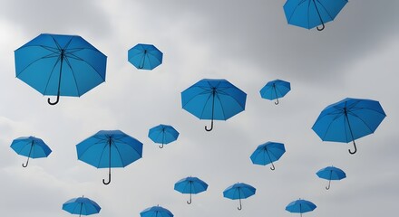 Many blue umbrellas floating in the sky