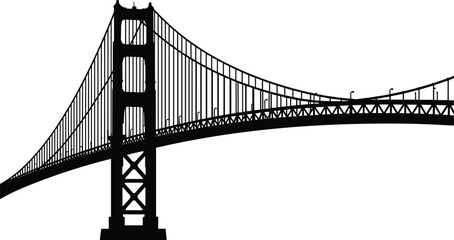 Suspension bridge silhouette with towers, cables, roadway, Golden Gate style, San Francisco landmark, architectural design, civil engineering, black outline, white background illustration
