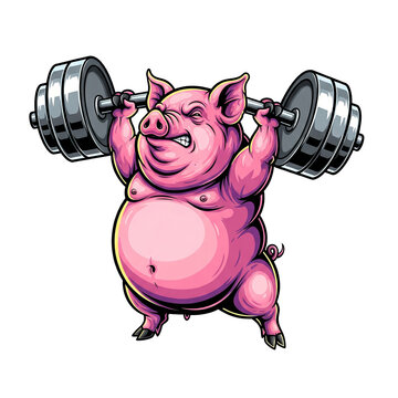 A strong, pink pig proudly lifts heavy barbells, showcasing determination and strength in a humorous.