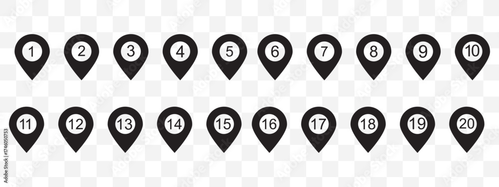 Poster location pin icons with number. map marker symbol set with 1 to 20 numbers. transparent vector illus