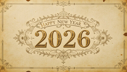 Vintage Happy New Year 2026 ornate golden text on parchment image
