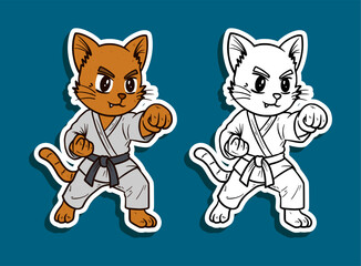 Karate Cat in a Ready Guard with a Stepping Punch Cartoon Illustration