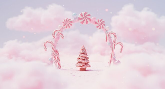 Whimsical pink candy landscape with christmas tree amidst fluffy clouds