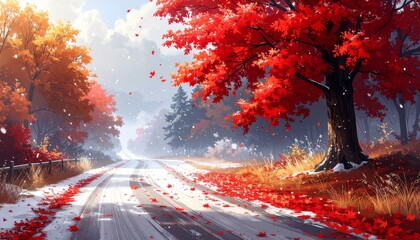 First Snowfall on a Country Road with Bright Red Autumn Leaves.