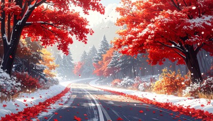 Scenic Road Through Autumn Forest with First Snowfall and Vibrant Red Leaves.