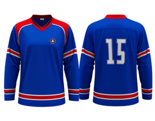 Front and Back Blue-Red Hockey Jersey Mockup on Transparent Background”