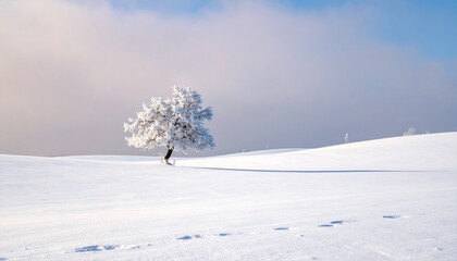 Snowy landscape with a solitary tree covered in snow.
