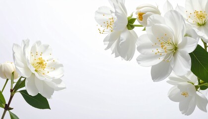 Beautiful white jasmine flowers blooming on a branch against a bright white background, symbolizing purity and elegance.