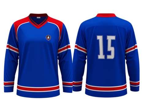 Front and Back Blue-Red Hockey Jersey Mockup on Transparent Background”