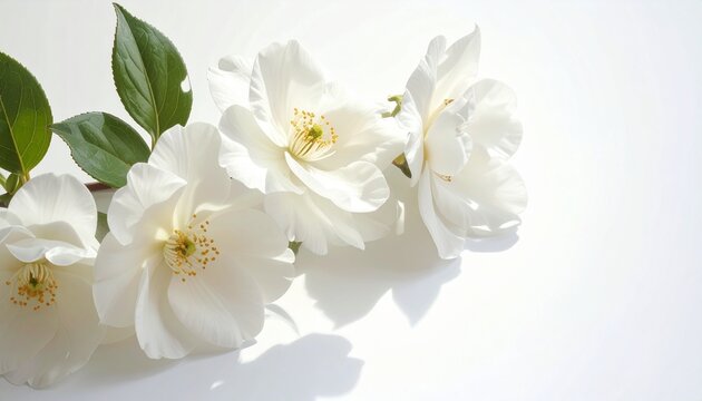 Delicate White Roses with Green Leaves on a White Background.
