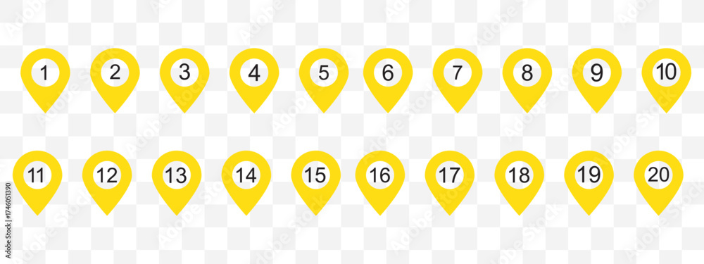 Poster location pin icons with number. map marker symbol set with 1 to 20 numbers. transparent vector illus