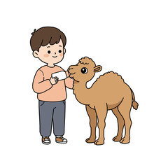 A child feeding a camel, showcasing interaction between humans and animals.