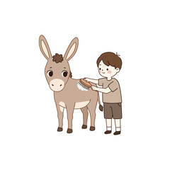 A child brushes a donkey, showcasing care and companionship between them.