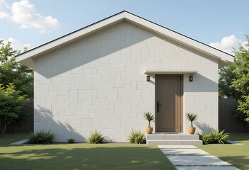 White Textured Wall House Exterior with Brown Door and Green Grass image