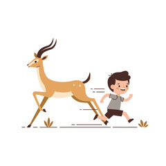 A boy running alongside a gazelle in a playful, animated style.