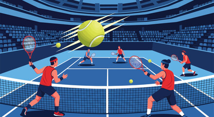Dynamic Tennis Match Illustration with Players Balls and Court Perspective.