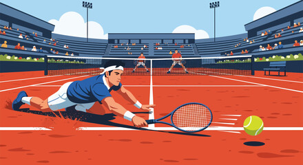 Tennis player diving on clay court with racket and ball in stadium. © Arie