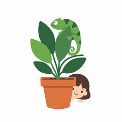 A playful scene featuring a chameleon on a plant with a child peeking from behind.