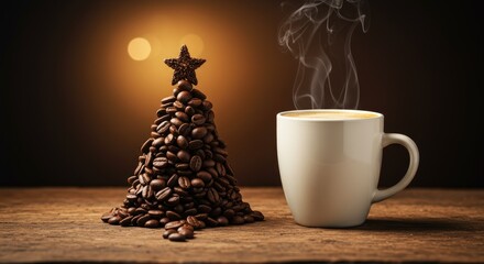 Coffee bean christmas tree and cup of coffee on wooden table