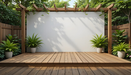 Wooden deck with white wall and green plants under pergola patio terrace