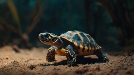 Obraz premium Yellow-spotted tortoise walking on sand, aquatic plants background, nature documentary