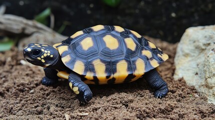 Yellow-footed tortoise hatchling crawls terrarium rocks