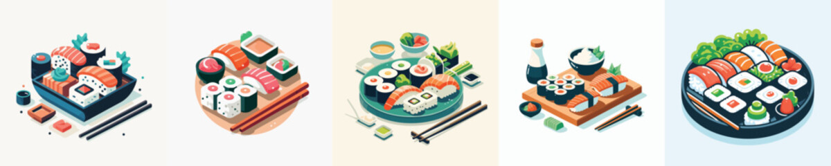 Isometric Sushi Set Vector Illustration Delicious Japanese Food with Nigiri, Maki, Rolls, Soy Sauce, and Chopsticks Modern Restaurant Menu Design
