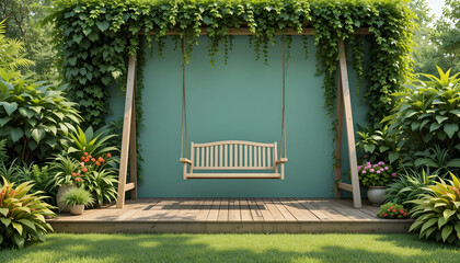 Wooden garden swing hangs in front of teal wall surrounded by lush green plants bench outdoor