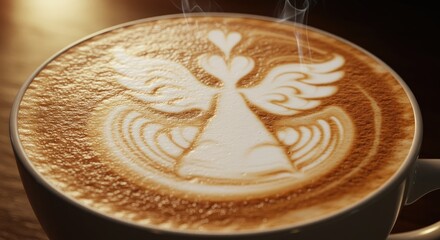 Coffee art angel design in latte foam macro shot