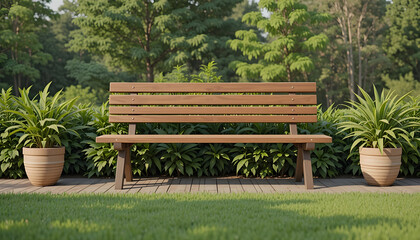 Obraz premium Wooden park bench surrounded by lush green plants and trees garden outdoor