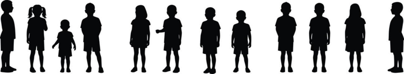 Silhouette of children standing together in line, kid vector illustration, childhood group concept, teamwork, friendship, unity, education, black design