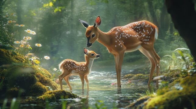 Doe, fawn, forest stream, sunlight, daisies, nature, wildlife, motherhood, serenity, calm