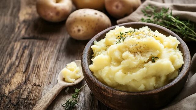 Creamy mashed potatoes in wooden bowl garnished with herbs, on rustic table