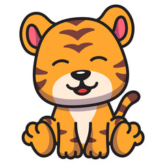 Cheerful Orange Tiger Cub with Dark Brown Stripes in Cartoon Style on Transparent Background for Children's Illustration