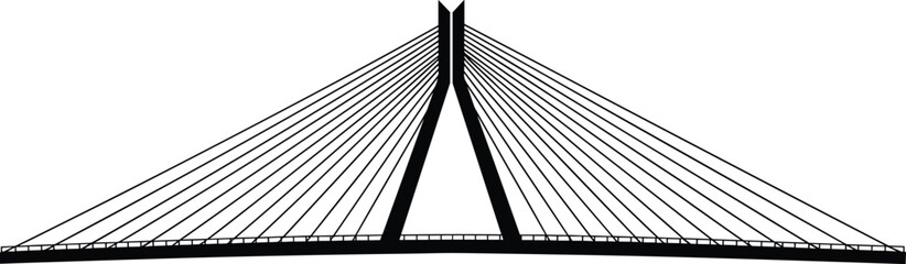 Modern cable stayed bridge silhouette vector illustration, architectural structure, urban infrastructure design, transportation engineering concept, minimal black and white art