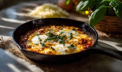 Fototapeta premium freshly cooked pizza eggs served in a small skillet on a rustic kitchen table morning light softly hitting the melted cheese golden eggs with tomato sauce and herbs steam rising from the dish