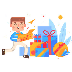 Cheerful Boy Holding Yellow Gift Box Surrounded by Colorful Presents on Transparent Background for Celebration