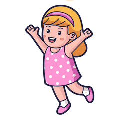 Cheerful Cartoon Girl in Pink Polka Dot Dress Jumping on Transparent Background