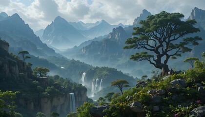Mountain river with green trees and fresh green grass. Aerial top down view clouds autumn session and fog, 