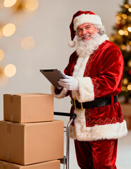 Smiling Santa in a red velvet suit uses a tablet next to a stack of cardboard boxes on a hand truck,