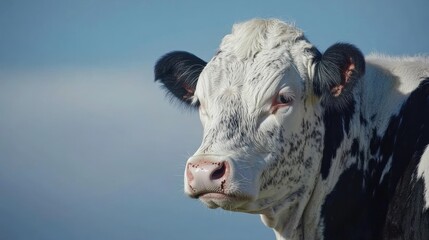 Cow portrait, pasture, sunny day, clear sky, agriculture