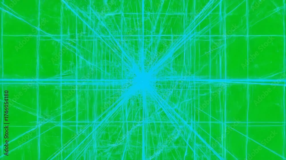 Wall mural fast-paced, high-tech geometric grid lines swiftly moving and multiplying on a uniformly lit green s