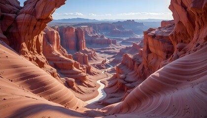 Wide angle image showcasing the stunning sandstone formations in Antelope Canyon on blue sky background,