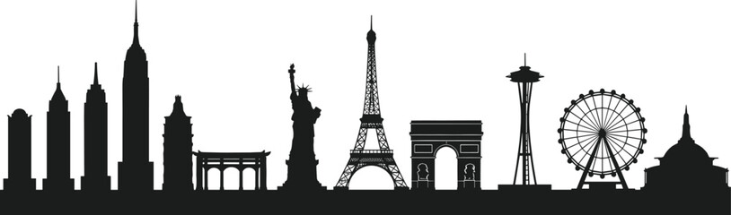 Obraz premium World famous city landmarks skyline silhouette, global architecture design, travel tourism concept with international monuments and iconic buildings illustration