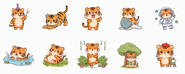 Cute tiger cartoon illustrations in various poses isolated on a white background vector graphics for multiple design uses