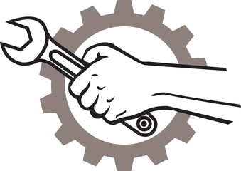Hand holding wrench with gear background concept of maintenance service logo