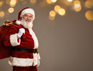 Cheerful Santa Claus stands left of frame with a red sack over his shoulder and a wrapped present showing